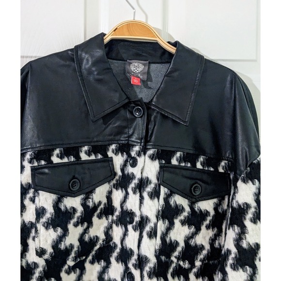 Vince Camuto Houndstooth Shacket Faux Leather Trim Jacket Button Down L NWT $149 - Picture 6 of 12